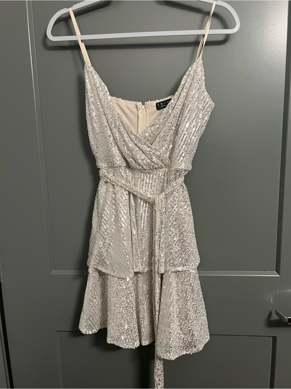 Trixxi Silver Sequin Tiered Mini Dress with Tie